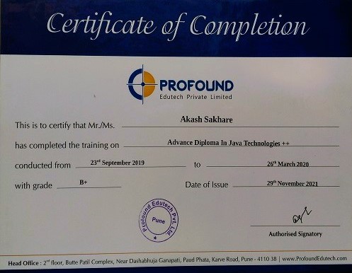 Java Full Stack Development Certificate from Profound Edutech